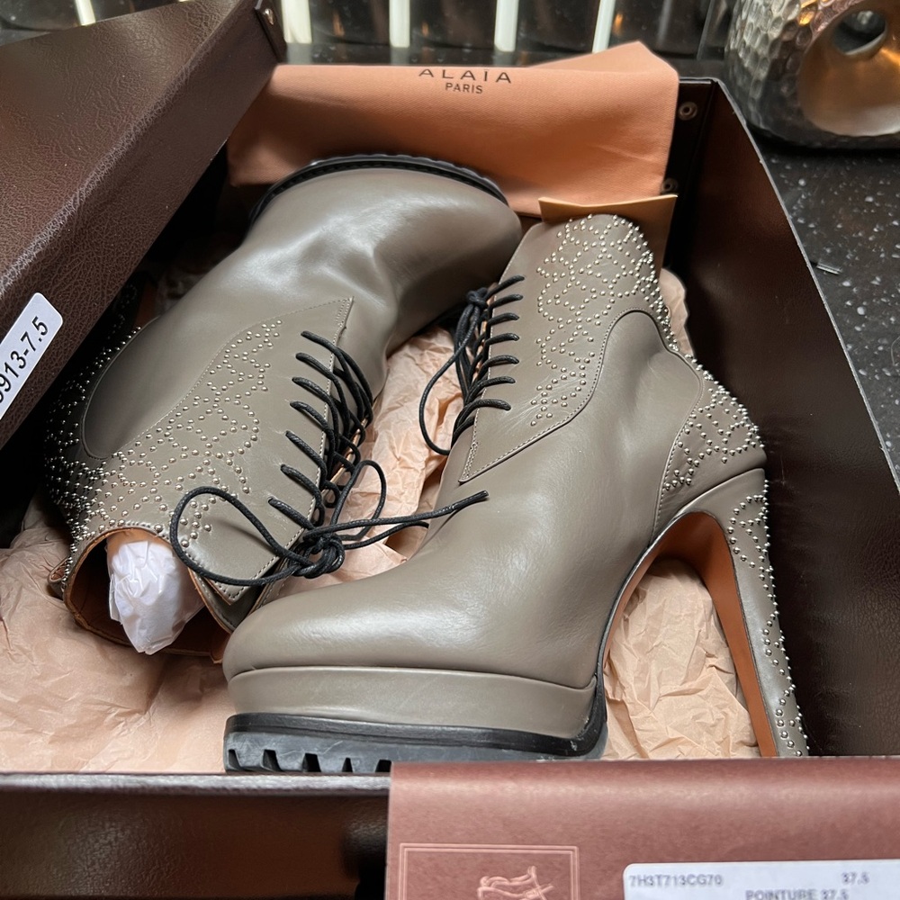 Alaia Taupe Studded Lace-Up Heeled Boots